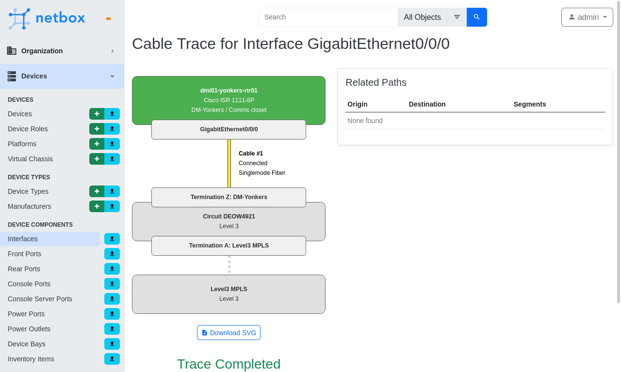 Cable tracing Screenshot of cable trace