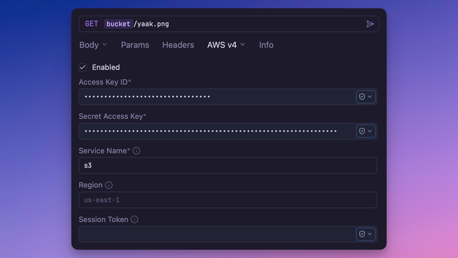 Screenshot of AWS SigV4 UI