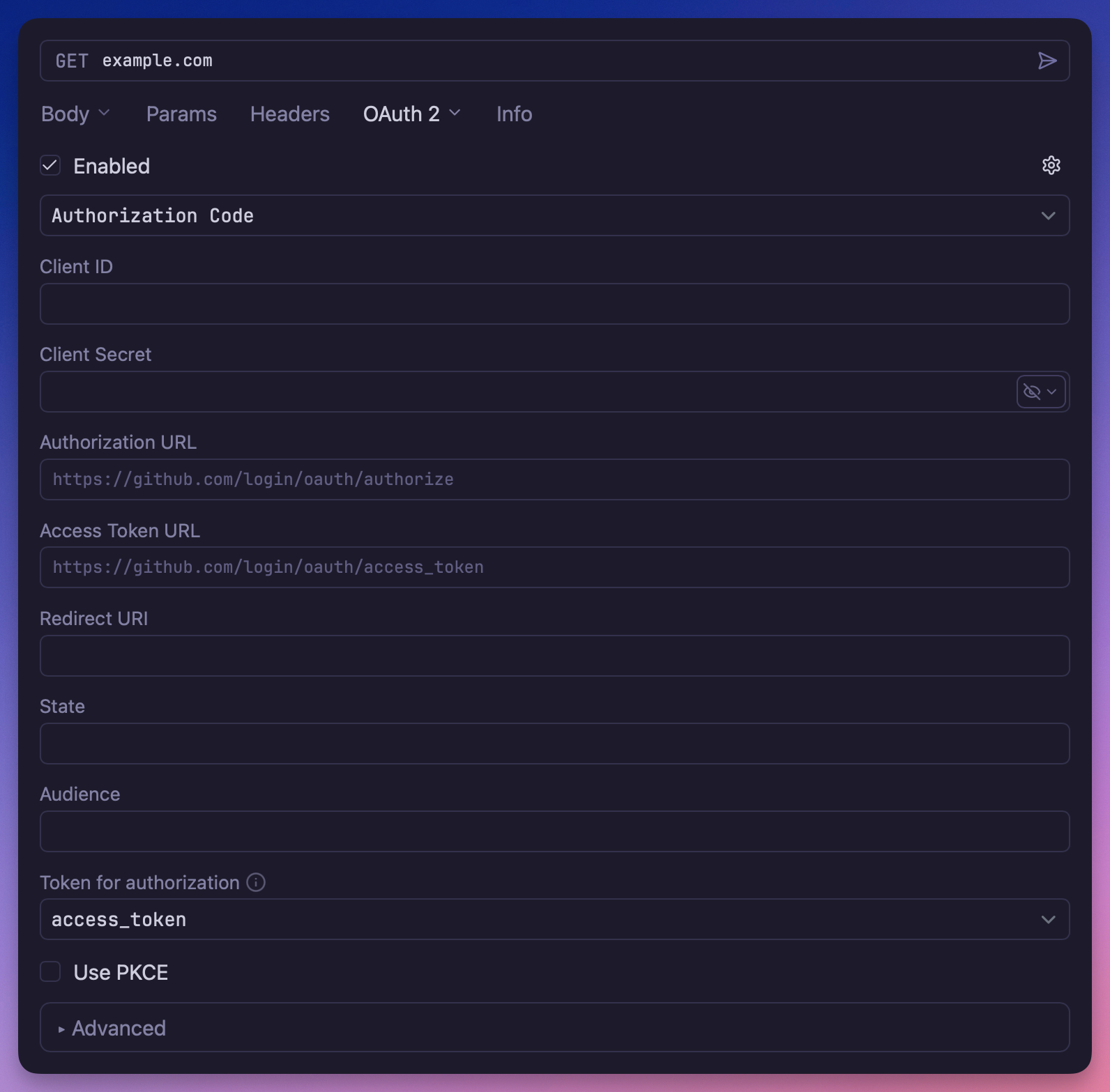 Screenshot of OAuth 2.0 auth UI